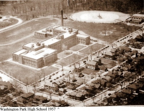 Aerial view of Park in 1957, the year we started. Washington Park pool is in the upper right(built in 1939 and closed in 1968, later demolished).  The track and practice field is to the left of the pool and behind Park.